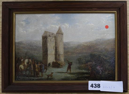 Continental School, oil on board, Besieged tower, indistinctly signed, 16 x 23cm.